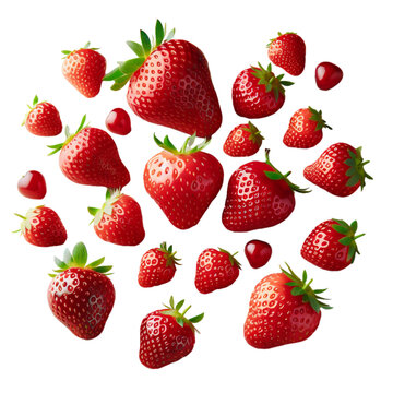 Falling Fresh Strawberries in Motion - PNG Isolated on Transparent Background, Clipart Cutout