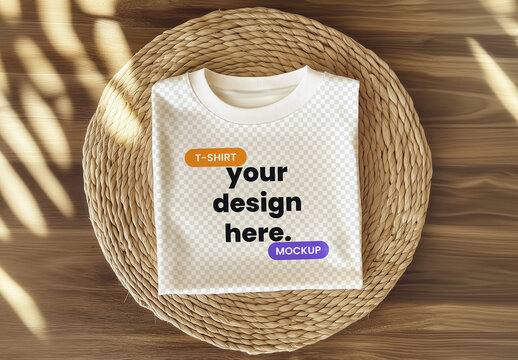 Neatly Folded T-Shirt Mockup Placed on a Woven Round Mat with Generative AI