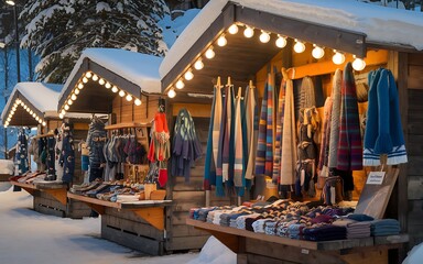Fototapeta premium Cozy wooden market stalls with scarves and knitwear displayed under fairy lights.