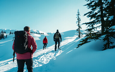 Hiker in winter clothes with a large backpack climbs a path through snowdrifts in the mountains. Stunning view. Hiking. Sport and active life concept