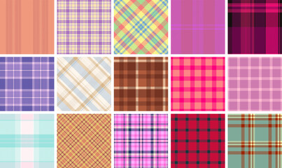 Checkered plaid patterns in a colorful collection, great for textile, wallpaper, or shirt designs with a classic Scottish feel.