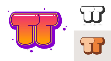 TT logo design for festival or party. Initial letter t and t in graffiti style. Creative modern lettering company name of font typography. Kids trendy logotype or identity.