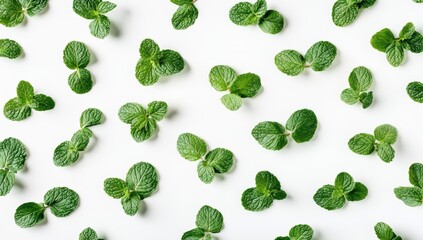 A white background with fresh green mint leaves neatly arranged in a repeating pattern