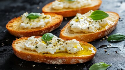 A dark slate background is adorned with golden-brown baguette slices, brie cheese, and honey