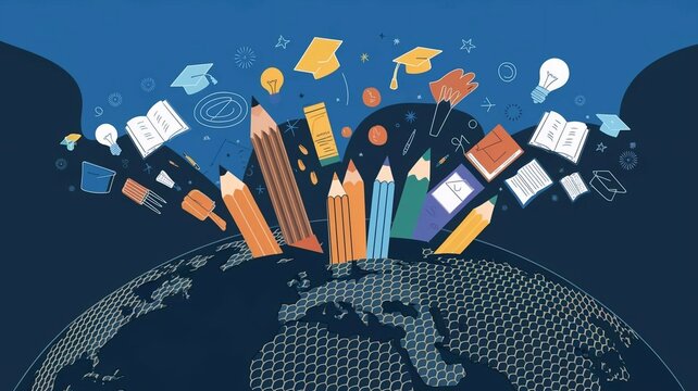 An abstract illustration of a globe with educational icons and symbols emerging from its surface, illustrating the universal pursuit of knowledge across borders.