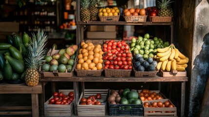 There is a vibrant fruit market with a variety of fresh produce displayed in colorful displays.