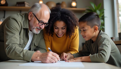 A middle-aged Caucasian man with glasses, a young biracial woman with curly hair, and a young boy sitting together at a table and working on something - Powered by Adobe