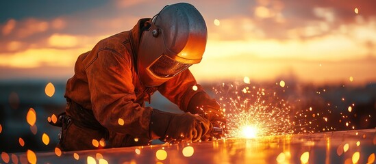 Fototapeta premium Welder Working at Sunset