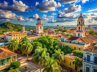 Naklejka premium Vibrant Cuban Landscape with Classic Architecture and Lush Tropical Scenery under Blue Sky