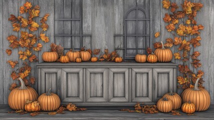An autumnal scene with golden leaves, a pumpkin, and rustic wooden elements arranged in a cozy harvest scene