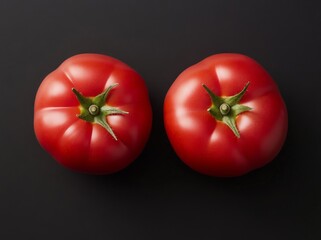 Against a black background, two red beef tomatoes with green stems stand out