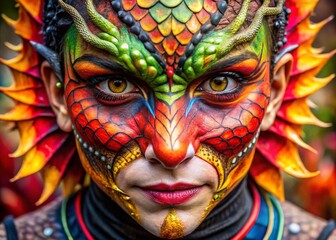 Vibrant Dragon Face Paint Design with Scales, Claws, and Fiery Colors for Festivals and Events