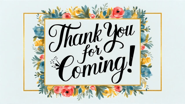 Vintage elegant calligraphy "Thank you for coming!" wedding card template in bold text, framed by a colorful floral watercolor border floral designs,golden rectangle frame, on a white background - Powered by Adobe