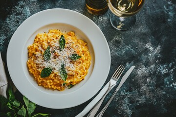 Yellow Risotto Milanese with zucchini, saffron, and Parmesan cheese on a black slate table with white wine in a glass. North Italy kitchen.