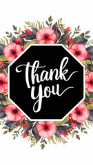 Wedding Thank you card template with calligraphy text and a beautiful pink floral watercolor octagon frame with line border, set against a white background, minimalist design, soft color palette