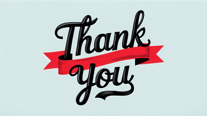 Modern design of Bold, cursive "Thank You" card lettering text artfully arranged on a red ribbon banner, against a clean white background, sketch pencil style, handwriting, typography, poster, banner