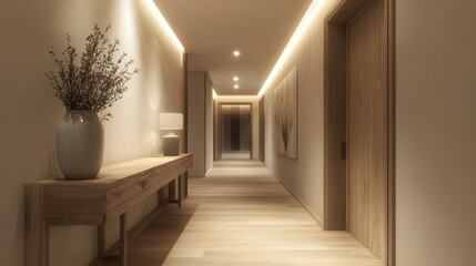 Minimalist Scandinavian corridor with a bespoke wooden console, discreet lighting, and soft, natural tones