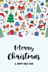 Cute Christmas greeting card with hand drawn ornaments. Vector illustration