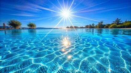 Sun shining on a clear blue water swimming pool surrounded by trees and vegetation