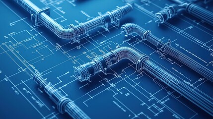 Detailed blueprint of industrial pipes, showcasing connectivity and design in a modern engineering environment.