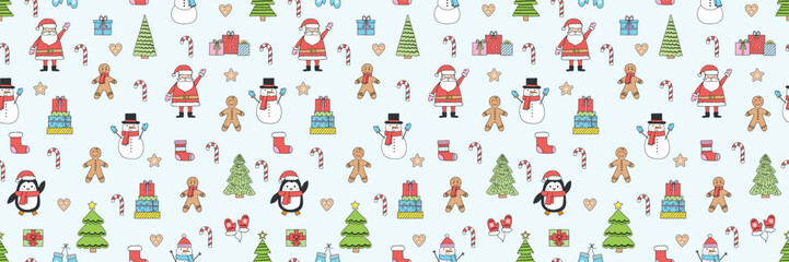 Colourful Christmas background with cute hand drawn characters and ornaments. Seamless pattern design. Vector illustration