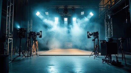 A professional film studio setting with lights and fog, ready for a creative production. Perfect for showcasing cinematic art.