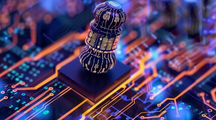 A futuristic, glowing object sits on a circuit board, representing the intersection of technology and design.