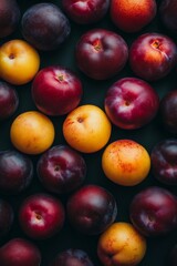 Plums. Fresh plums. Whole and halves in a natural fruit background. Harvest. Autumn harvest. Blue plums. Close up.