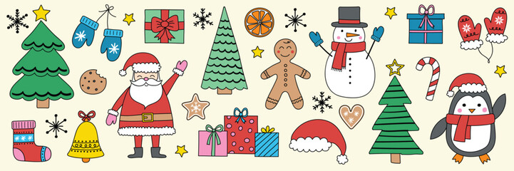 Christmas ornament design set. Hand drawn X-Mas elements: Santa Claus, tree, snowman, cookie, present. Clipart design. Vector illustration