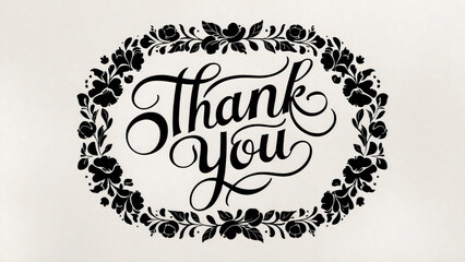 Thank you card template with elegant calligraphy surrounded by a floral wreath and a black frame border on a white background, vintage, wedding, event invitation, typography, poster, banner