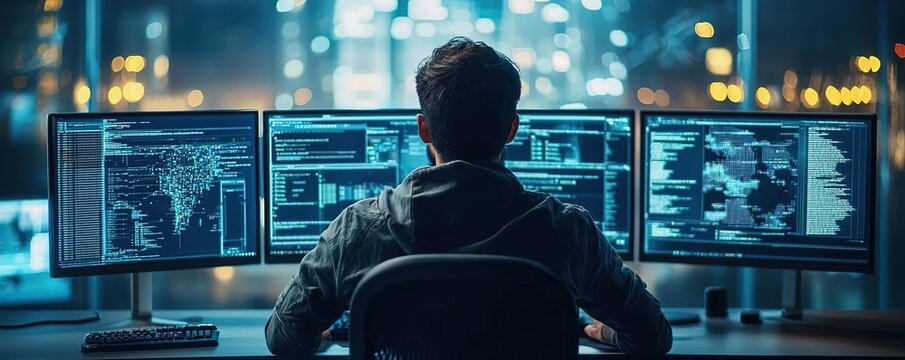 A programmer working late at night, focused on multiple monitors displaying complex code and data analysis.