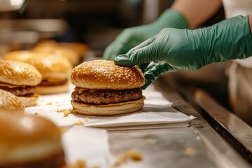 An open-air chef is busy cooking classic burgers with beef, while in gloves he is working on a wooden desk with a variety of fillings and ingredients.