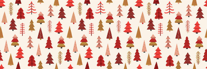Obraz premium Christmas tree seamless texture in cartoon style. Wallpaper and wrapping paper design. Vector illustration