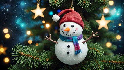 Obraz premium New Year's toy snowman on a Christmas tree branch. New Year card, poster. christmas holiday concept