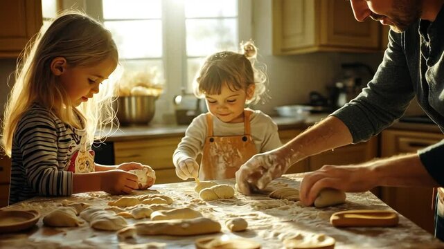 Family bonding through baking with children making dough together