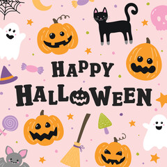 Cute Halloween background with hand drawn symbols. Vector illustration