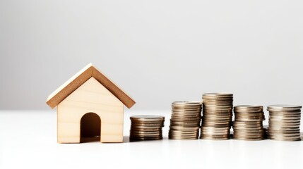 House model and coins on white background, saving money for buy a house concept