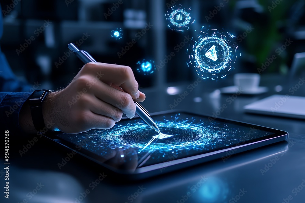 Poster A person writing on a digital tablet with a virtual pen, creating floating holographic notes in a futuristic workspace