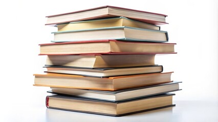 Stack of colorful books forming a tower on white background