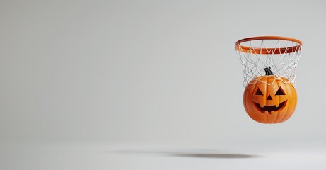 Halloween pumpkin in basketball hoop. Sports, Halloween and basketball concept