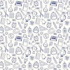 Naklejka premium School background with hand drawn icons. Seamless pattern. Vector illustration