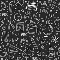 Cute school background with cartoon icons. Seamless pattern. Vector illustration