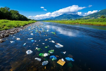 A polluted river with plastic waste floating on the surface, representing the environmental damage caused by human activity
