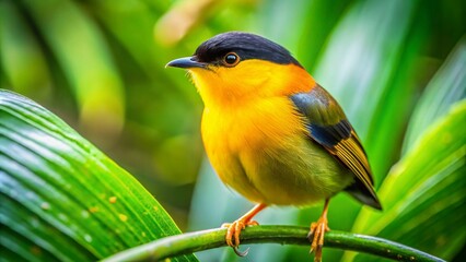 Obraz premium Vibrant Golden Collared Manakin Perched Among Green Leaves in Lush Tropical Environment