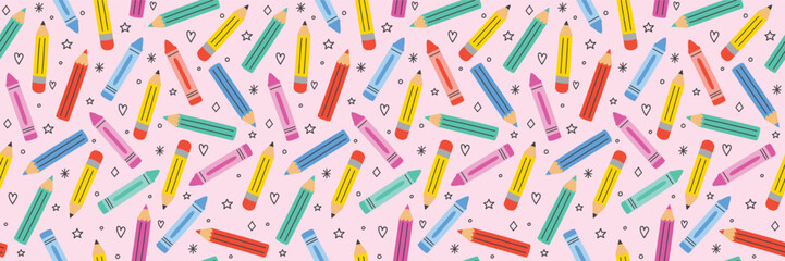 School background with crayons. Seamless pattern. Banner.  Vector illustration