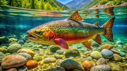 Fototapeta premium Vibrant Golden Trout Swimming Gracefully in Crystal Clear Waters of a Pristine Mountain Stream