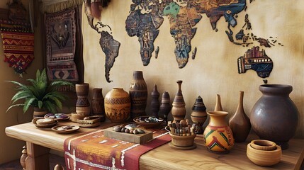 Wooden Vases and Bowls on a Table with a World Map Tapestry