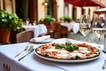 An italian pizza with spinach, cheese, and pears on a restaurant table