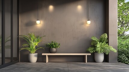 Minimalist Scandinavian front porch with a simple bench, potted plants, and sleek, modern lighting fixtures