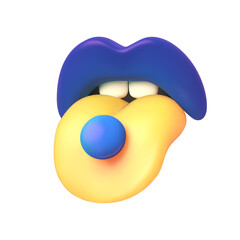 Smile lips tongue teeth vector 3D stylized icon with pill or candy. Taking medicine and drugs. Tongue Emoji. Vector illustration.